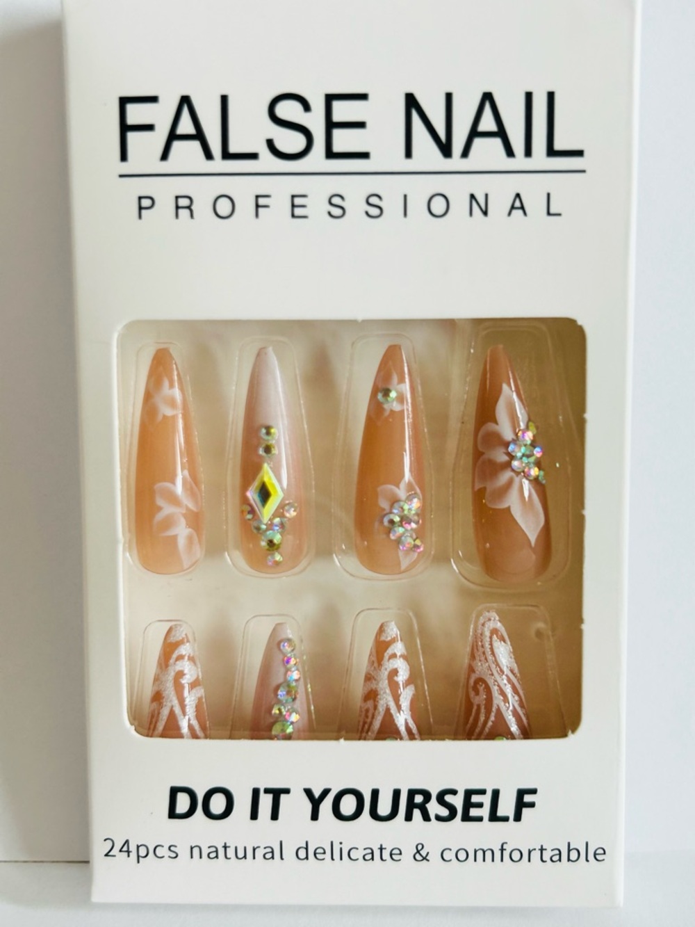 False Nail Professional Beige Floral Rhinestone Stiletto Set